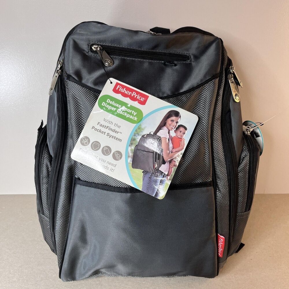 Fisher Price Deluxe Baby Sporty Dark Gray Diaper Bag Backpack Fast Finder New